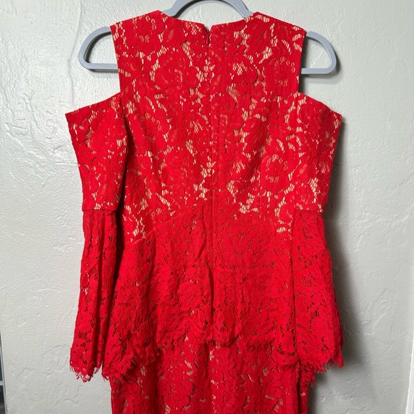 Fame & Partners Womens Red Lace Bell Sleeve Jewel Neck Tea Length Dress - Picture 5 of 6